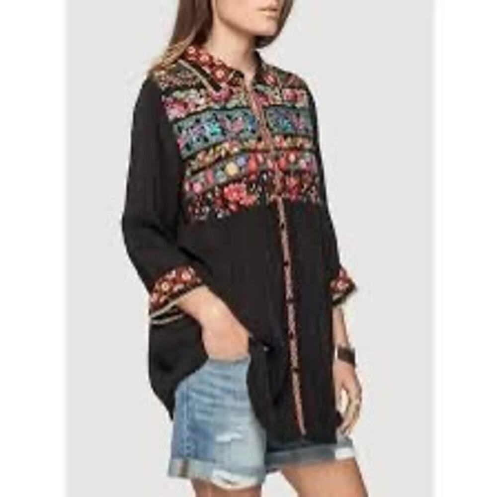 JOHNNY WAS Boho Embroidered Long Sleeve Tunic Blouse Shirt Button Up Womens XS